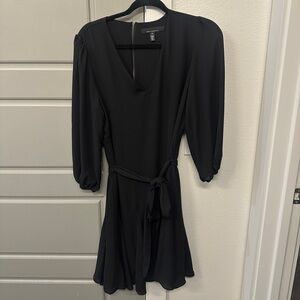 White House Black Market Black Godet Elbow-Sleeve Dress Size 8 Tie Waist